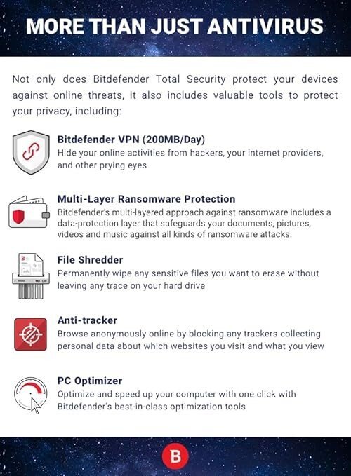 Bitdefender Total Security - 5 Devices | 1 year Subscription | PC/Mac | Activation Code by email