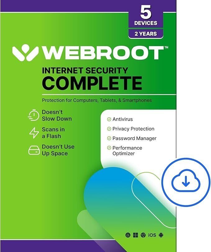 Webroot Internet Security Complete | Antivirus Software 2025 | 5 Device | 2 Year Download for PC/Mac/Chromebook/Android/IOS + Password Manager, Performance Optimizer & Cloud Backup