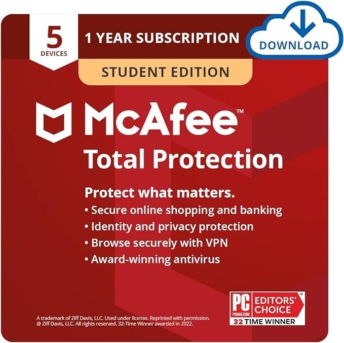 McAfee Total Protection 2022 Student Edition | 5 Device | Antivirus Internet Security Software | VPN, Password Manager, Dark Web Monitoring | PC/Mac/Android/iOS | 1 Year Subscription | Download Code - Prime Student Exclusive